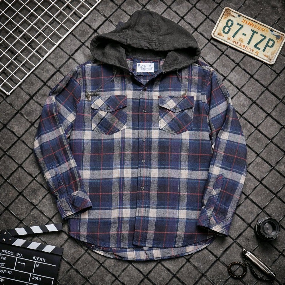 Hurley Mens Hooded Flannel Shirt‎ Blue Grey Plaid Long Sleeve Button Up M FLAW